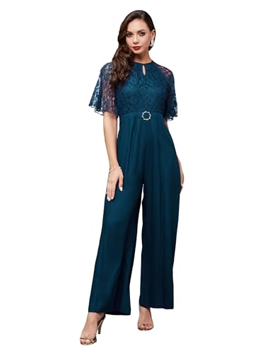 Miss Chase WomenS Teal Round Neck Flared Sleeve Floral Raglan Regular Jumpsuit (Mcss25D93-85-83-04, Teal, M)