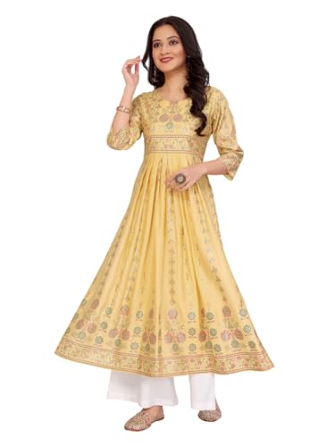 Rangita Yellow Viscose Blend Nayra Style Printed Calf Length Kurti | Kurta For Women_2Xl