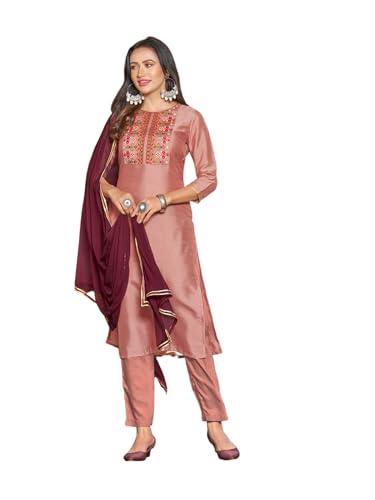 Sanisa Womens Art Silk Embroidery Straight Kurta With Pant And Gota Lace Work Dupatta (96Kbd1052Nz-Xl_Dusty Pink)
