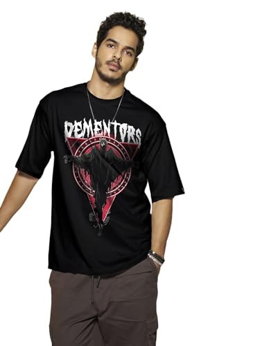Bewakoof MenS Graphic Printed 100% Cotton T-Shirt - Oversized Fit, Round Neck, Half Sleeves_589145_Black_M