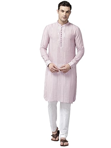 See Designs Pink & White Regular Fit Kurta Set Mandarin Collar Long Sleeves_Sdmskt128301M