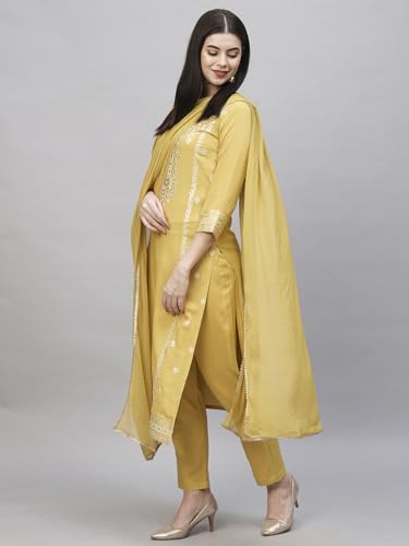 ANNI DESIGNER Womens Cotton Blend Straight Printed Kurta with Pant & Dupatta (Anahi Mustard_L_Mustard_Large)