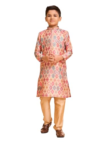 Manyavar Boys Art Silk Abstract Printed Kurta Pyjama Set (Beige,12-14Y)
