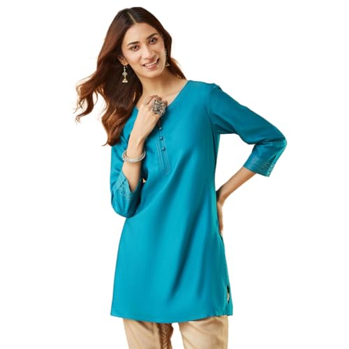 Fabindia WomenS Viscose Silk Solid Slim Fit Kurta (1039110Teal_Teal