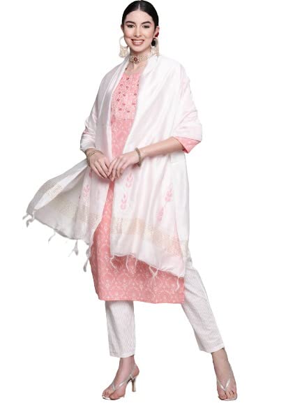 Anubhutee Women'S Pink Floral Yoke Design Thread Work Pure Cotton Kurta Suit Set With Trousers & Dupatta