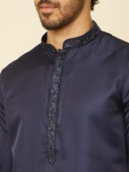 Manyavar Mens Blue Satin Solid Kurta Pyjama Set