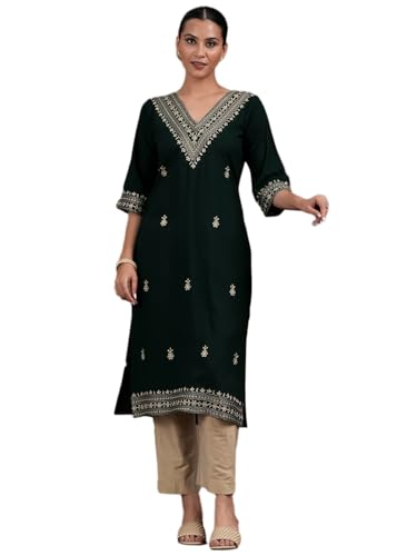 Libas Womens Embroidered Viscose Straight Kurta For Women Green