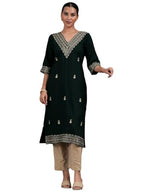 Libas Womens Embroidered Viscose Straight Kurta For Women Green