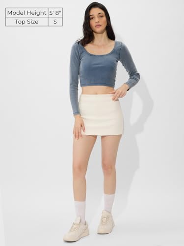 The Souled Store Solids: Acid Wash Blue Women and Girls Long Sleeves Square Neck Cotton Blend Slim Fit Cropped Tops
