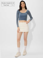 The Souled Store Solids: Acid Wash Blue Women and Girls Long Sleeves Square Neck Cotton Blend Slim Fit Cropped Tops