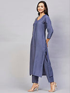 Anni Designer Women'S Cotton Blend Straight Embroidered Kurta With Pant (Miti Blue-Nw)