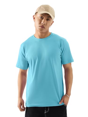 The Souled Store Solids: Airy Blue Men and Boys Short Sleeves Round Neck Regular Fit Cotton T-Shirts