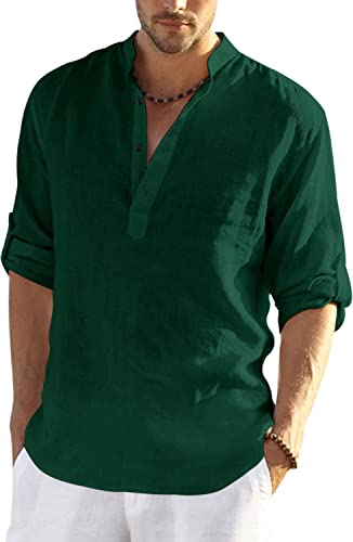 Hemrin MenS Cotton Blend Full Sleeve Short Kurta Shirt With Mandarin Collar Dark Green