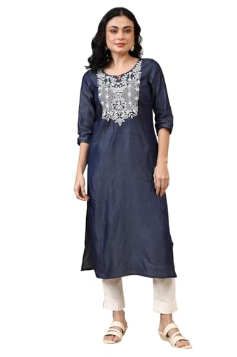 Aurelia Womens Blue Relaxed Fit Embroidered Yoke A-line Denim Kurta (Size: 2XL)-A15509-704256