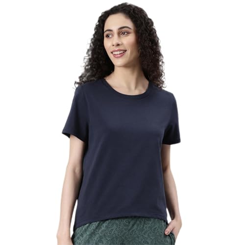 Enamor Womens Solid Relaxed Fit T-Shirt (E305_Space Blue XL)