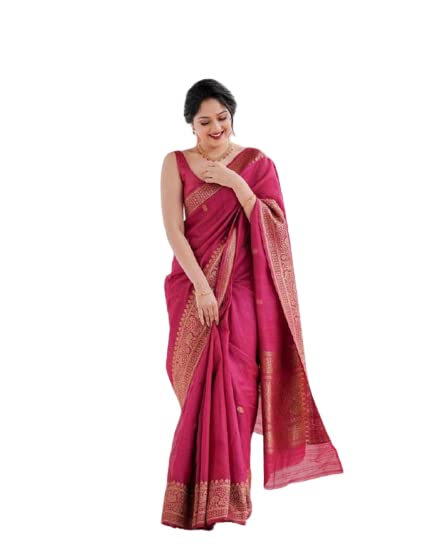 Flosive Womens Rani Pink Kanjivaram Silk Saree With Zari Weaving Work