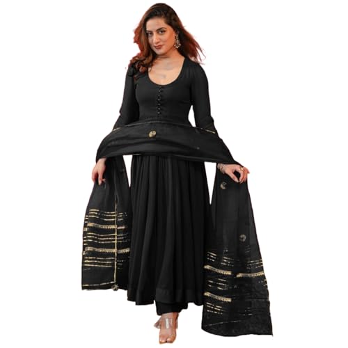 Gosriki WomenS Rayon Blend Anarkali Solid Kurta With Pant & Dupatta (Jayanti Black-Vks01-Gs_Xl_Black_X-Large)