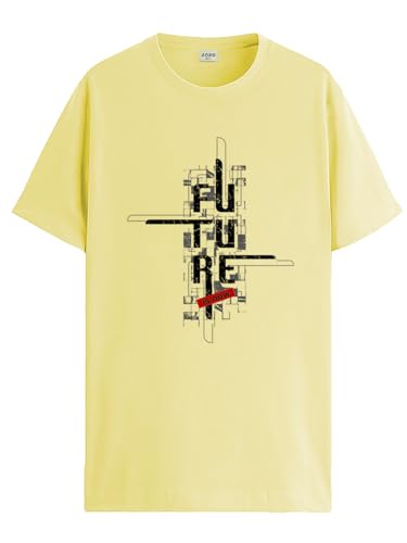 ADRO Men's Graphic Printed 100% Cotton T-Shirt - Regular Fit, Printed T-Shirts for Men (RN24-FTR-LY_Light Yellow_XL)