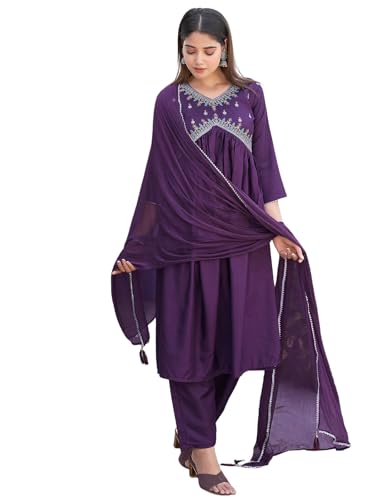 Sanisa Women'S Art Silk Sequence Embroidery Work Alia Cut Kurta With Pant And Dupatta Set (163Kbd1758Nr-M_Dark Purple)