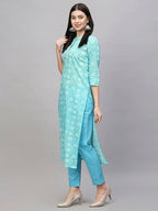 ANNI DESIGNER Womens Cotton Blend Straight Printed Kurta with Pant (Evika Blue-NW_L_Blue_Large)