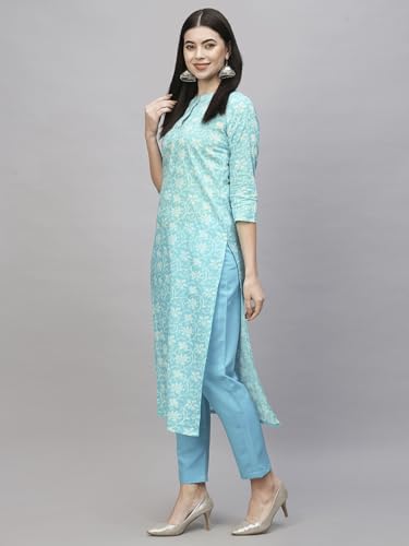 ANNI DESIGNER Womens Cotton Blend Straight Printed Kurta with Pant (Evika Blue-NW_L_Blue_Large)