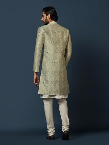 Kisah MenS Beige And Silver Indo-Western Kurta Sherwani Churidar Set Cotton Full Sleaves, Knee Length, Straight, Regular Fit, M