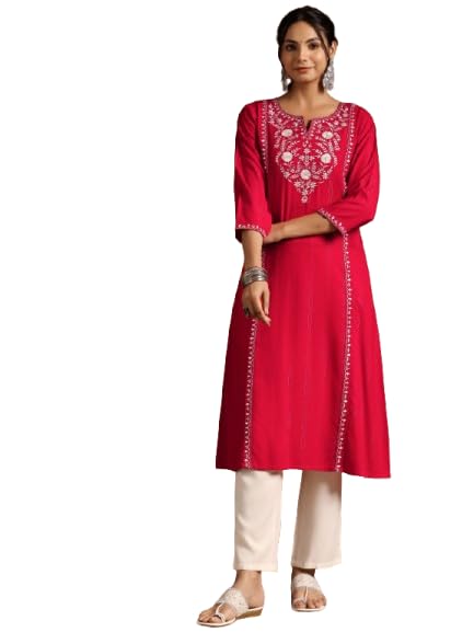 Libas Womens Yoke Design Rayon A-Line Kurta For Women Red