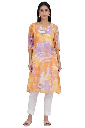 W For Woman Printed A-Line Chiffon Kurta (Size: 2Xl)-W11531-123741 Orange