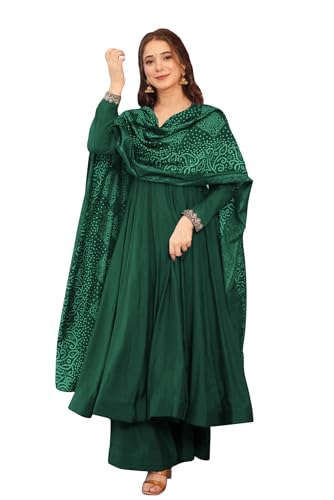 Toochki Women'S Muslin Anarkali Embroidered Kurta With Palazzo With Dupattas Green