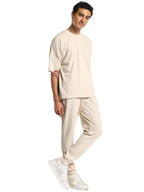 Nobero MenS Sand Oversized Moses Co-Ord Set - Brown Popcorn Textured T-Shirt & Joggers - Crew-Neck Oversized Fit For Men