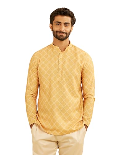 Manyavar MenS Cotton Blend Geometric Printed Short Kurta (Mustard,Xl)