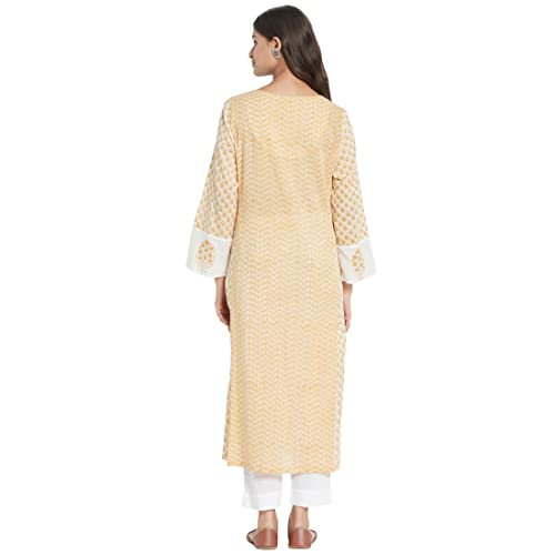 Fabindia Women Neck Hand Block Printed Cotton Long Kurta Funnel_Yellow