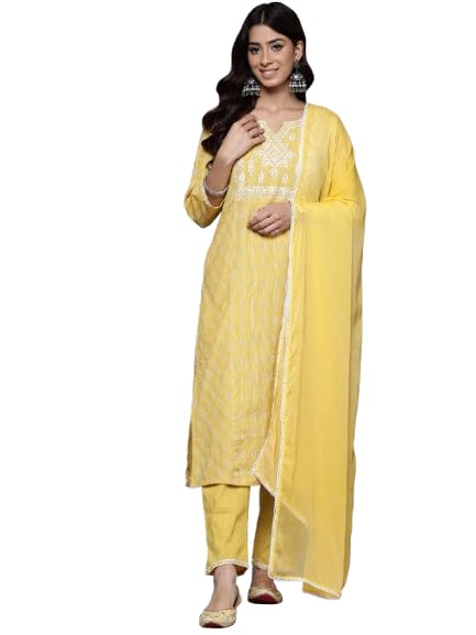 Varanga WomenS Mustard Woven Design Round Neck, Three Quarter Sleeves Paired With Tonal Bottom And Dupatta.