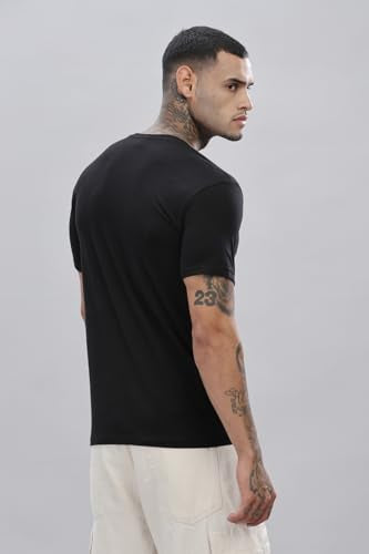 ADRO Mens V Neck Solid Cotton T-Shirt (VN-M-PLN-BL_Black_L)