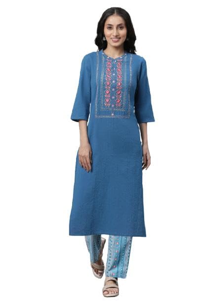 Aurelia Womens Yellow Metallic Embroidery Viscose Blend Straight Kurta and Palazzo Set (Size: S)-VCSTB2A-10083