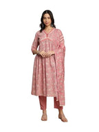 Sanisa Women'S Cotton Digital Printed Anarkali Kurta With Pant And Digital Printed Dupatta (141Kbd1517Nz-Xs_Pink & Light Beige &