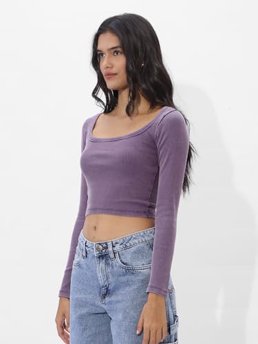 The Souled Store Solids: Dark Lavender Short Sleeve Round Neck Slim Fit Cropped Tops for Women and Girls - Trendy Statement Piec