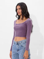 The Souled Store Solids: Dark Lavender Short Sleeve Round Neck Slim Fit Cropped Tops for Women and Girls - Trendy Statement Piec