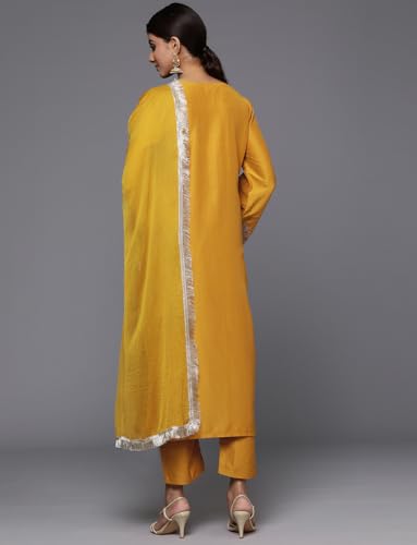 Varanga Women Mustard Embroidered Straight Kurta Paired With Tonal Bottom And Dupatta