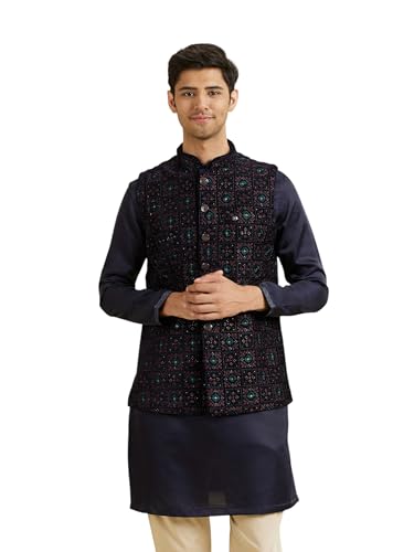 Manyavar MenS Velvet Embroidered Nehru Jacket(Dark Blue,L)