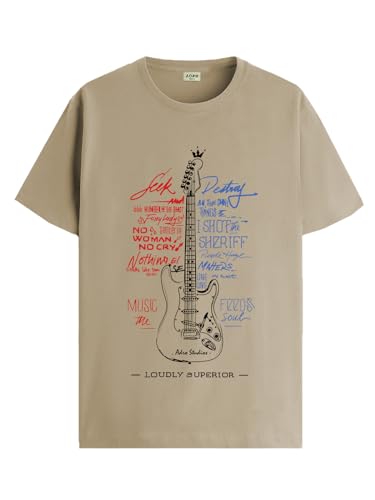 ADRO Guitar Design Printed T-Shirt for Men - 100% Cotton, Regular Fit, Soft Breathable Fabric | RN23-M-GTR-BE-XL Beige