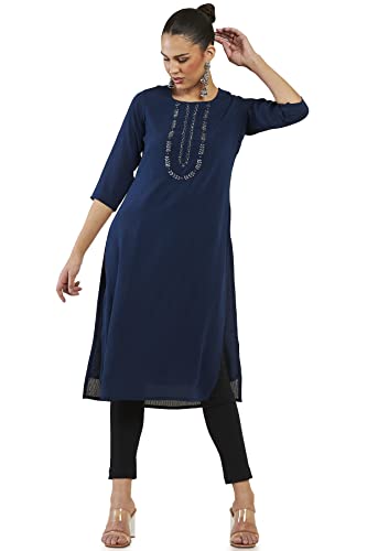 Soch Women Navy Blue Viscose Stripes Kurta(8907715867176_Navy Blue_2Xl)