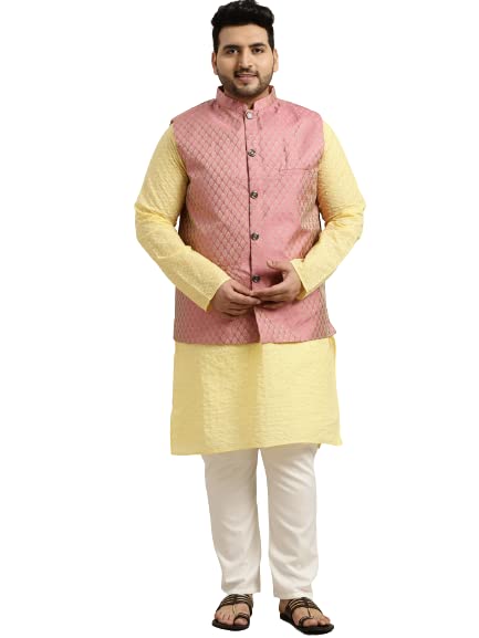 SOJANYA (Since 1958 Mens Pure Cotton Yellow Chikankari Kurta & Pink Nehrujacket with White Churidar Pyjama Set Size-4XL