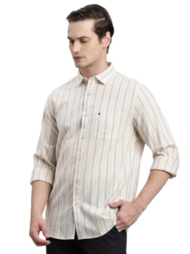 Turtle Men Khadi Slim Fit Beige Stripe Full Sleeve Casual Shirt