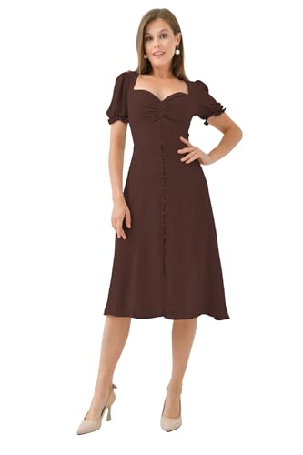 Shasmi Girls & Womens Solid Brown Midi Dress  Elegant Square Neck Button-Down Dress with Puff Short Sleeves | Stylish Casual &