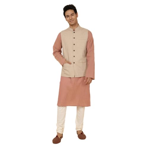 Fabindia MenS Beige Cotton Dobby Nehru Jacket (1030846Beige