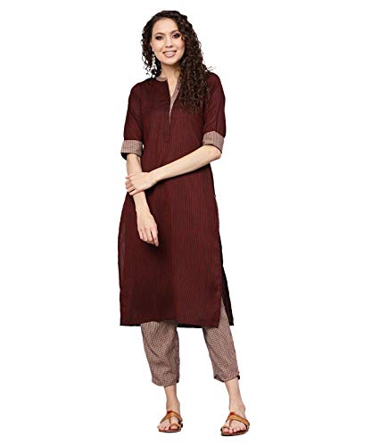 Libas Gerua Womens Striped Printed Straight Kurta With Trousers