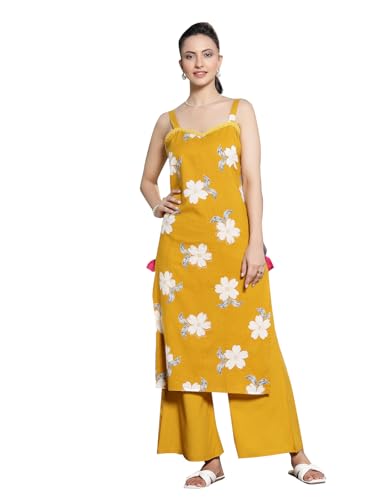 Stylum Women'S Floral Printed Cotton Straight Kurta Palazzo Set (Kpmustardcoll42_Mustard, Xl)