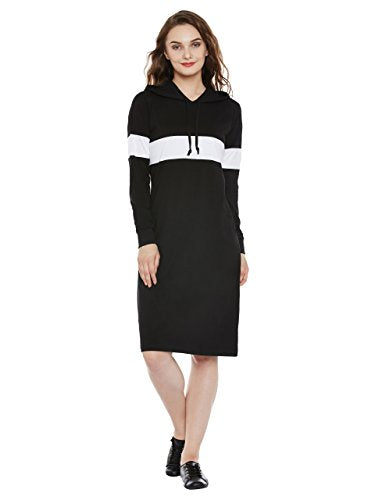 Miss Chase WomenS Super Comfortable Round Neck Full Sleeves Cotton Solid Hooded Knee-Long Dress | 4 Colors(Mcaw17D09-89-62-02, B