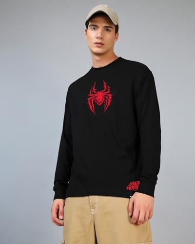 Bewakoof Official Marvel Merchandise Mens Graphic Printed Oversized Fit Full Sleeve Round Neck Cotton Jersey T-Shirt 636662 Bla